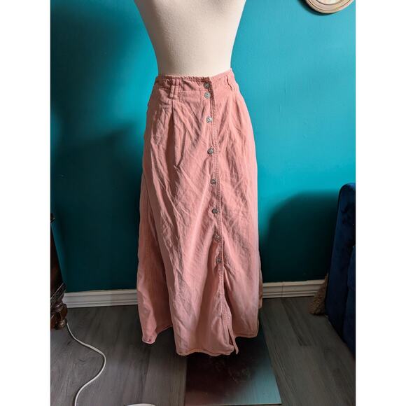 Vintage Pink Button Front Midi Skirt Cabincore A-Line Cotton Medium Large - Picture 1 of 7